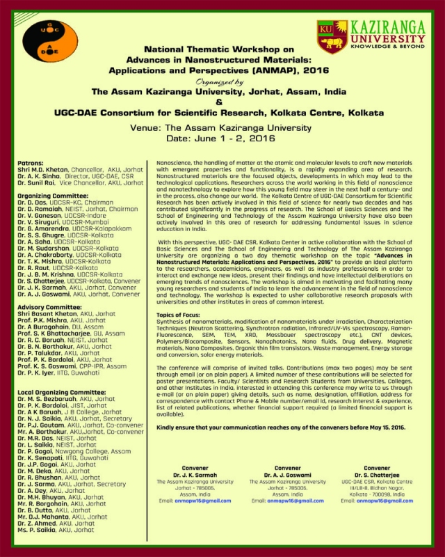 National Thematic Workshop on Advances in Nanostructured Materials: Applications and Perspectives (ANMAP), 2016