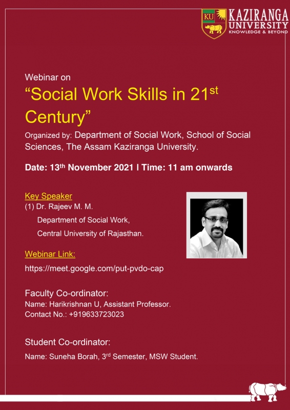 Webinar on "Social Work Skills 21st Century" organised by Department of Social Work, School of Social Sciences, The Assam Kaziranga University